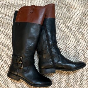 Marc Fisher Classic Black Tan Leather Riding Boots Stretch Calf Size 7 Preppy